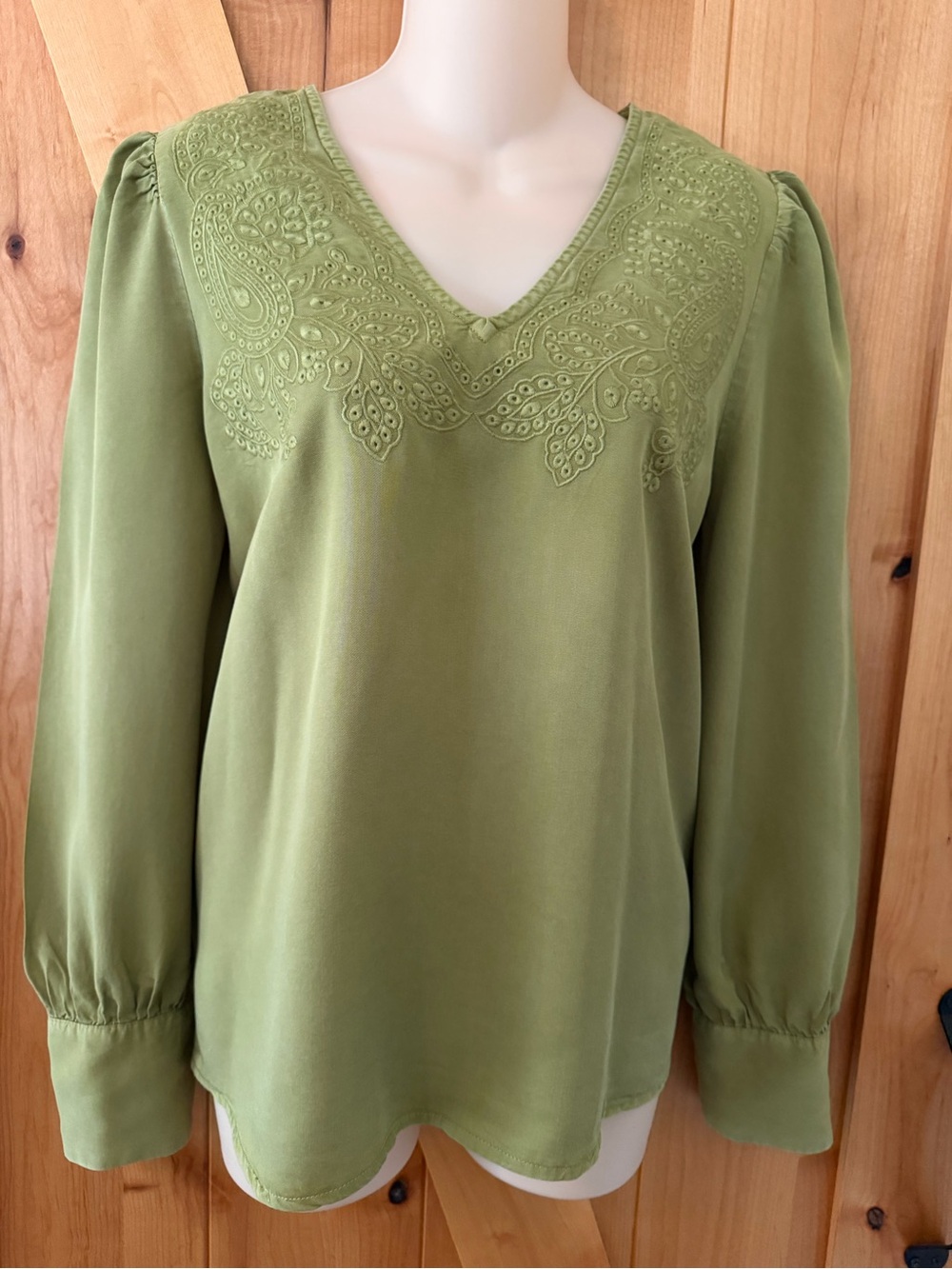 Joie Olive Green Embroidered Boho Blouse Romantic Prairie Western Cottagecore, M - Picture 3 of 11